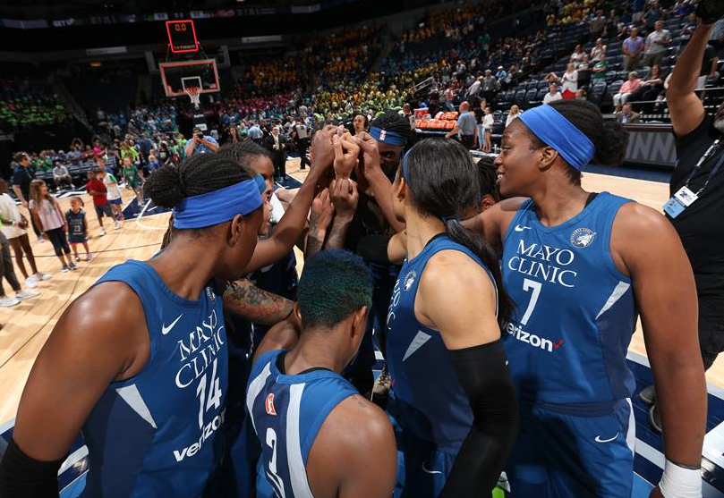 Minnesota Lynx players in a team huddle