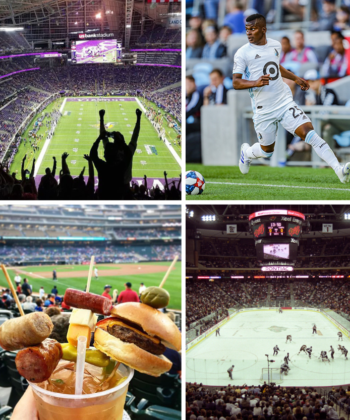 Se en Viking-kamp på U.S. Bank Stadium, en MN United-kamp på Allianz Field, Extreme cocktails Target Field og en Wild Hockey-kamp på Xcel Energy Center