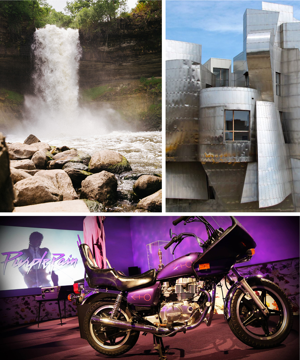 En fotokollasje av Minnehaha Falls, det unike eksteriøret til Weisman Art Museum, og et nærbilde av Princes lilla motorsykkel på Purple Rain Exhibit i Paisley Park