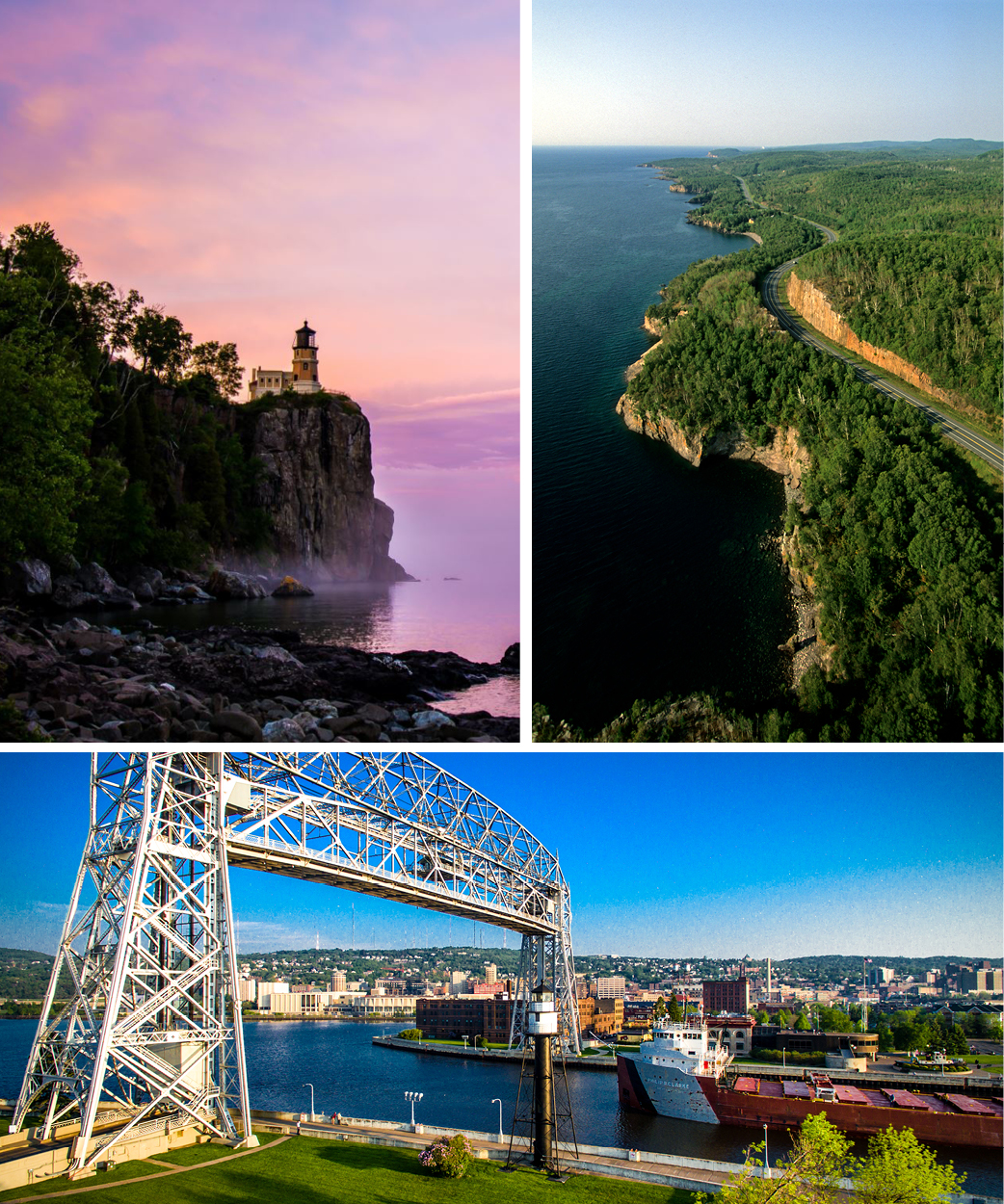 En fotokollasje av Split Rock Lighthouse, antenne fra North Shore Scenic Byway og Aerial Lift Bridge i Duluth