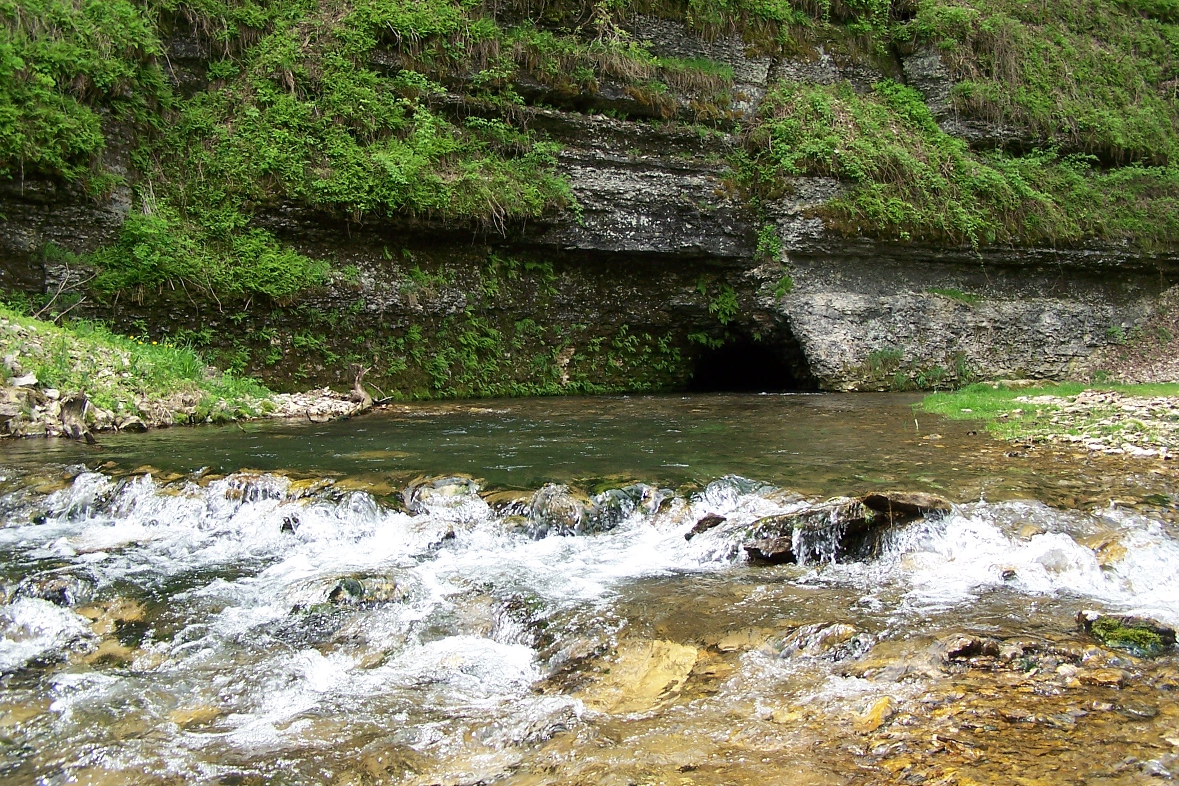 Small rapids across a river with a backdrop of limestone and leaves