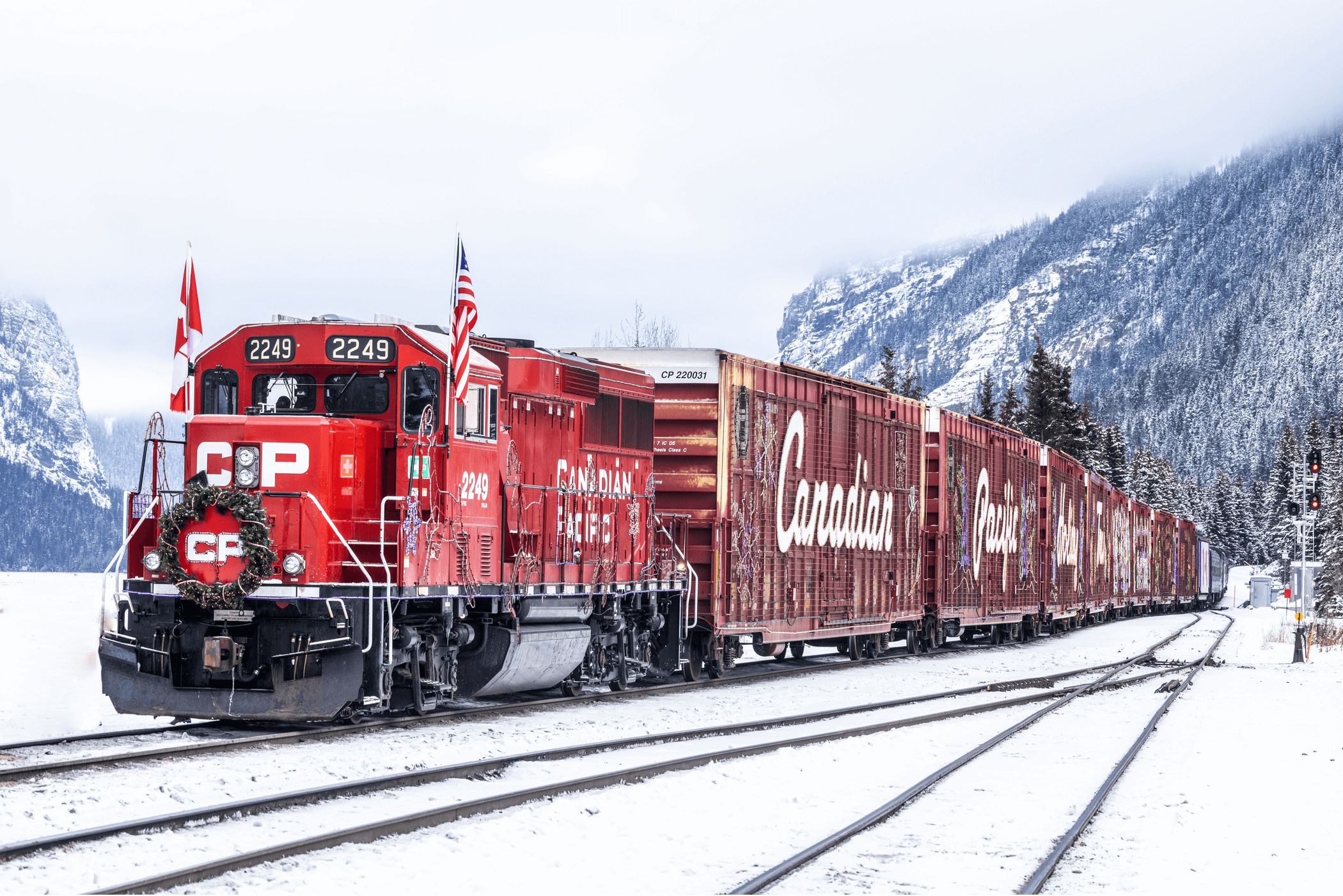 The Canadian Pacific Holiday Train passes through a wintry landscape