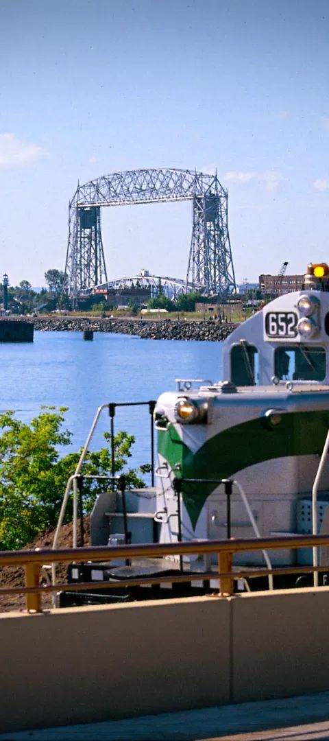 Duluth waterfront with train, boat and lift bridge