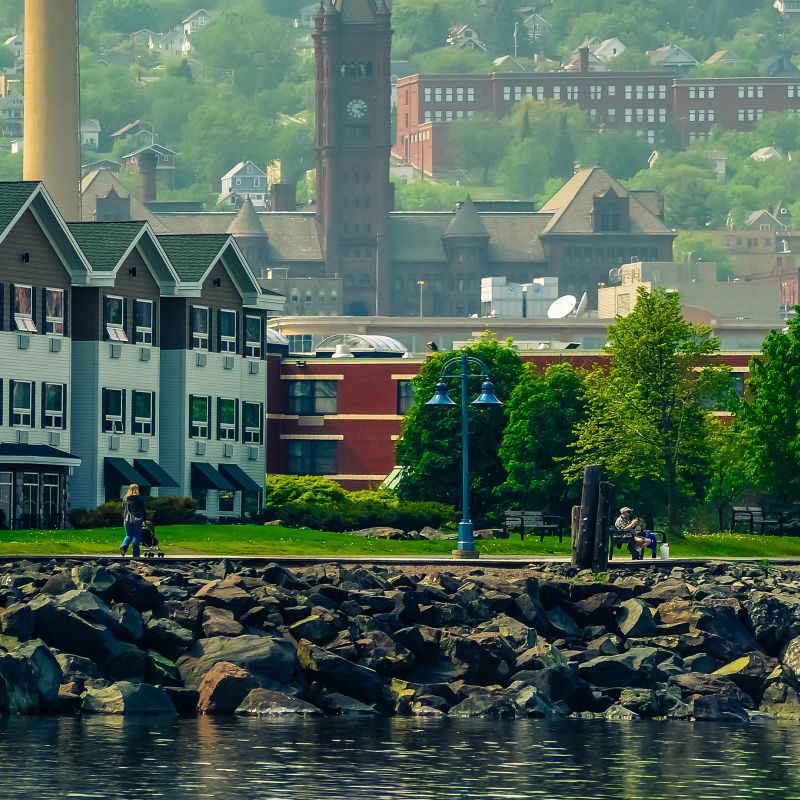 Duluth Lakewalk and downtown from Lake Superior