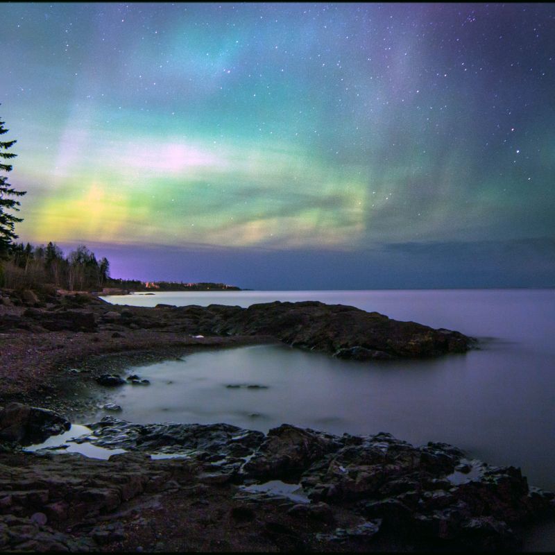 Northern lights over the Lake Superior shoreline